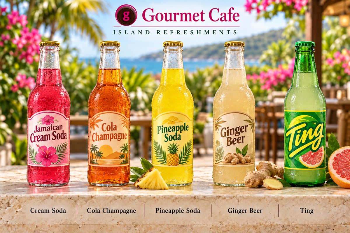 Island refreshments: cream soda, cola champagne, pineapple soda, ginger beer, and Ting