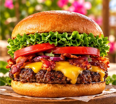 Gourmet burger with cheddar, bacon, lettuce, and tomato