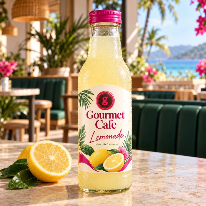 Bottle of Gourmet Cafe lemonade with fresh lemons