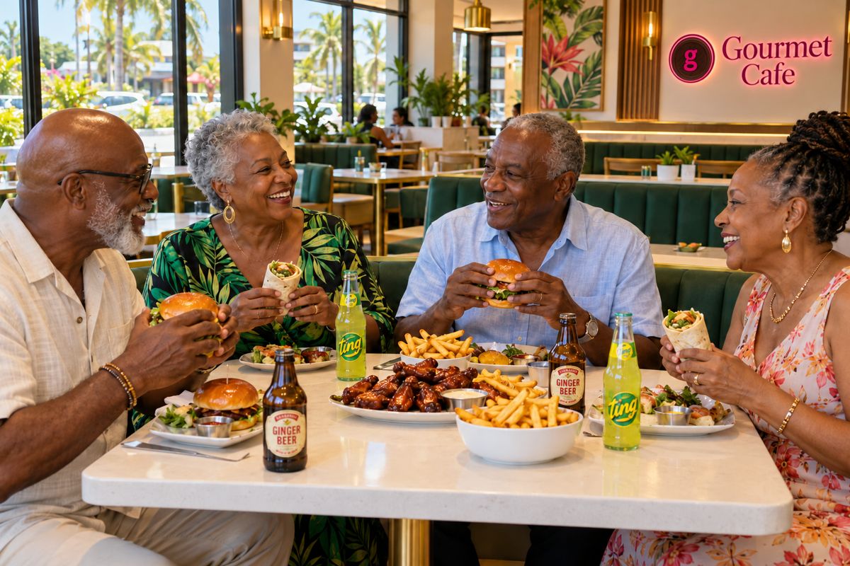Older friends enjoying burgers, wraps, and Ting at Gourmet Cafe