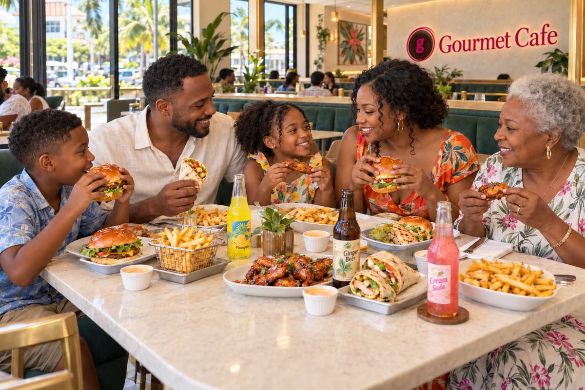 Three generations of a family eating together at Gourmet Cafe