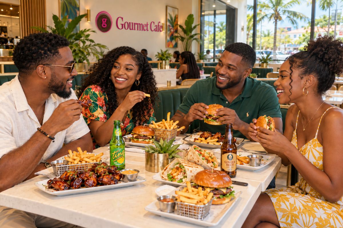 Friends sharing wings, burgers, and wraps at Gourmet Cafe